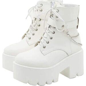 ⚡Women’s 94-1 White Combat Lightweight Side Zipper Ankle High Heel Chunky  Boots